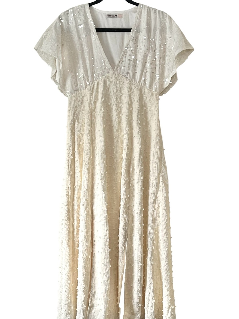 Origami Crochet Sequin V-Neck Maxi Dress in Ivory/Cream